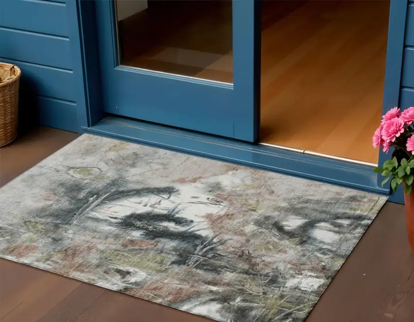 Taupe Charcoal And Green Abstract Washable Indoor Outdoor Area Rug Photo 2