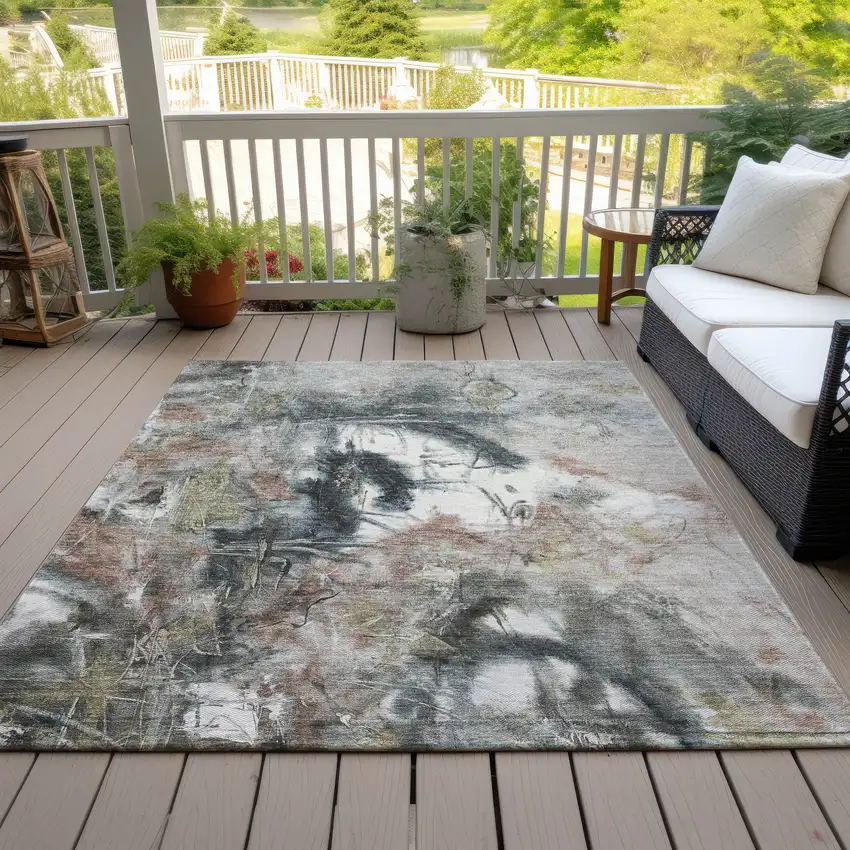 Taupe Charcoal And Green Abstract Washable Indoor Outdoor Area Rug Photo 7