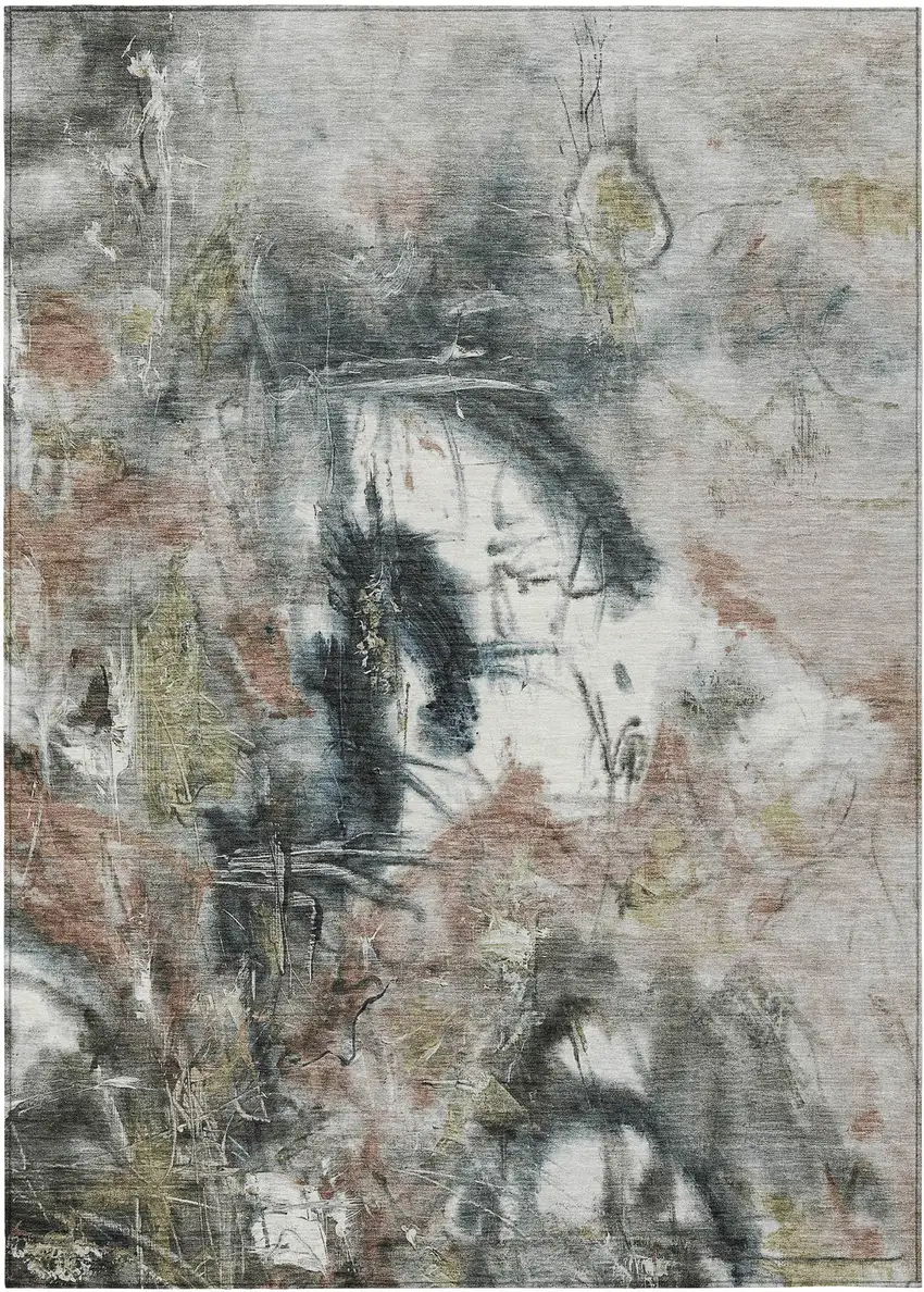Taupe Charcoal And Green Abstract Washable Indoor Outdoor Area Rug Photo 1