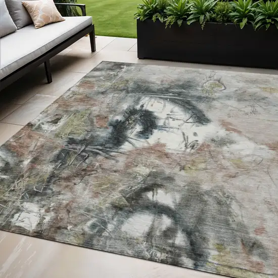 Taupe Charcoal And Green Abstract Washable Indoor Outdoor Area Rug Photo 2