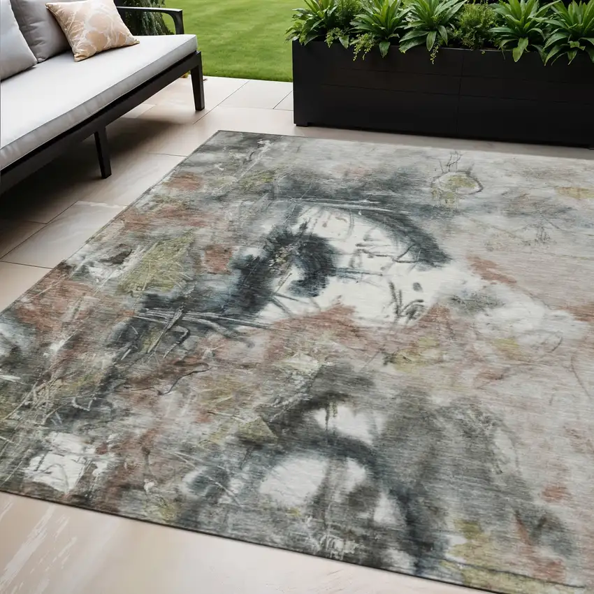 Taupe Charcoal And Green Abstract Washable Indoor Outdoor Area Rug Photo 2