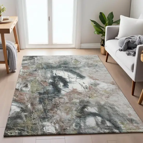 Taupe Charcoal And Green Abstract Washable Indoor Outdoor Area Rug Photo 8