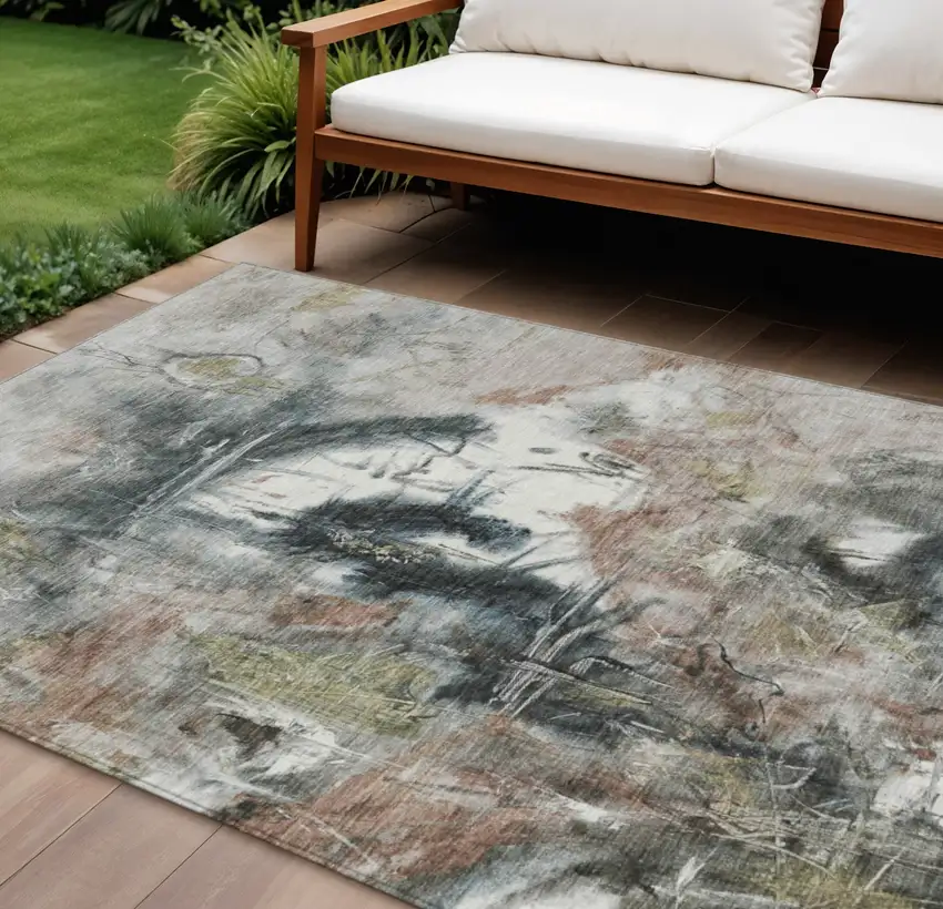 Taupe Charcoal And Green Abstract Washable Indoor Outdoor Area Rug Photo 2