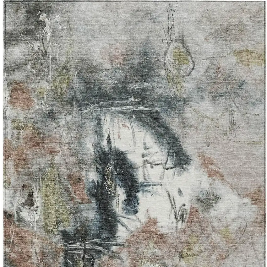 Taupe Charcoal And Green Abstract Washable Indoor Outdoor Area Rug Photo 3