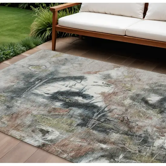 Taupe Charcoal And Green Abstract Washable Indoor Outdoor Area Rug Photo 2