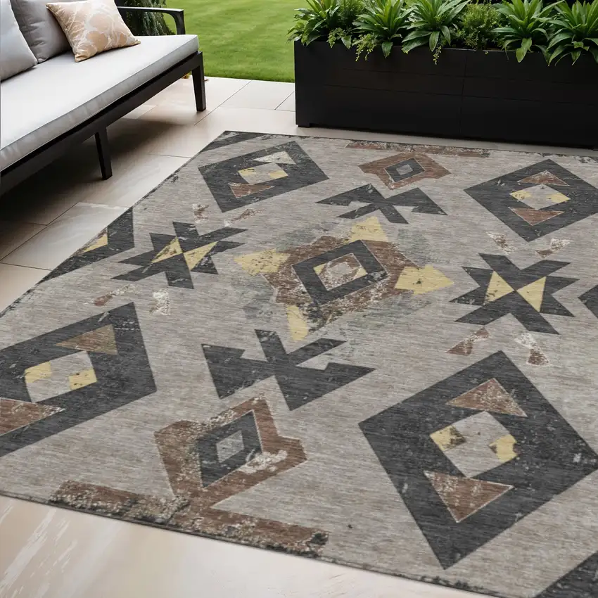 Taupe Charcoal And Wheat Aztec Washable Indoor Outdoor Area Rug Photo 2