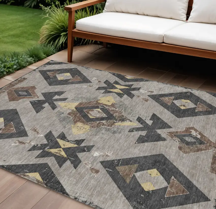 Taupe Charcoal And Wheat Aztec Washable Indoor Outdoor Area Rug Photo 2