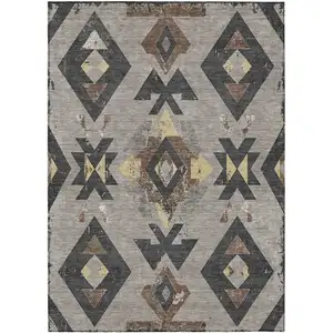 Photo of Taupe Charcoal And Wheat Aztec Washable Indoor Outdoor Area Rug
