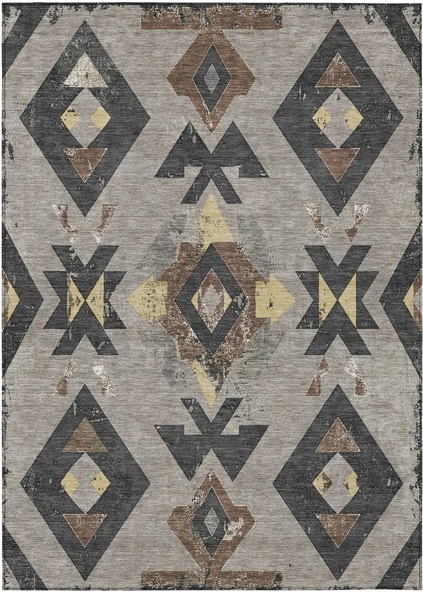 Taupe Charcoal And Wheat Aztec Washable Indoor Outdoor Area Rug Photo 1