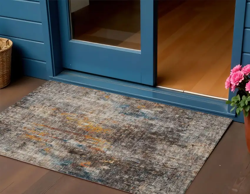 Taupe Chocolate And Copper Abstract Washable Indoor Outdoor Area Rug Photo 1