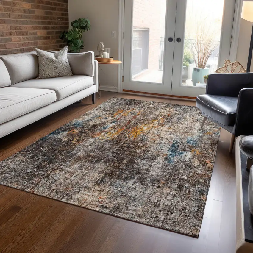 Taupe Chocolate And Copper Abstract Washable Indoor Outdoor Area Rug Photo 8