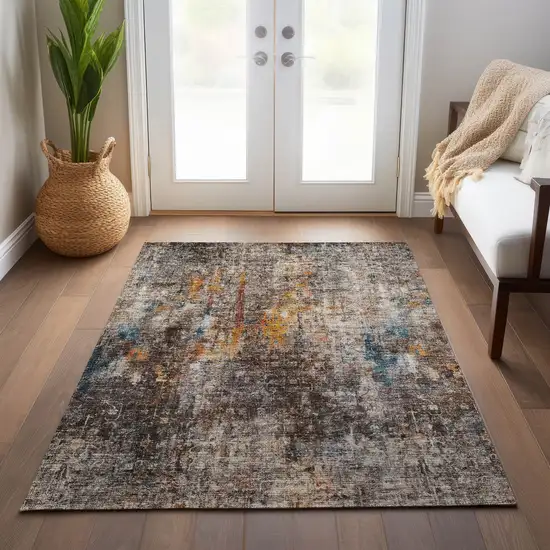 Taupe Chocolate And Copper Abstract Washable Indoor Outdoor Area Rug Photo 9