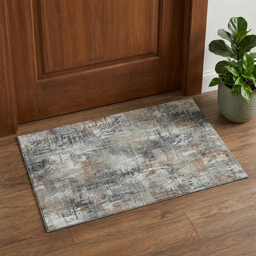 Taupe Copper And Beige Abstract Washable Area Rug With UV Protection Photo 1