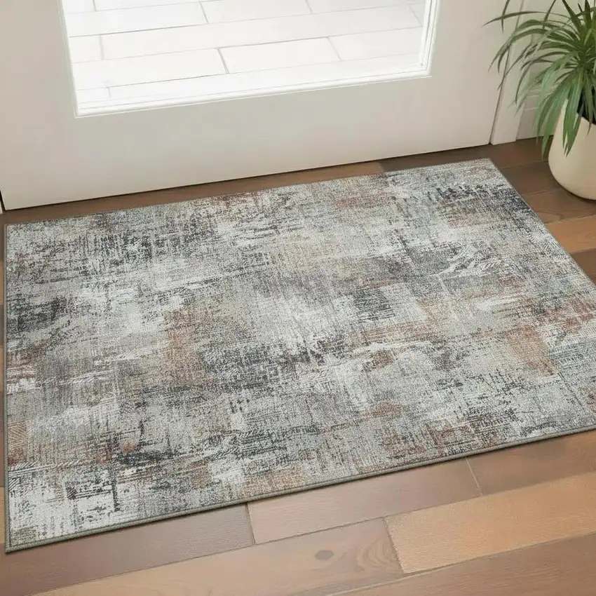 Taupe Copper And Beige Abstract Washable Area Rug With UV Protection Photo 1
