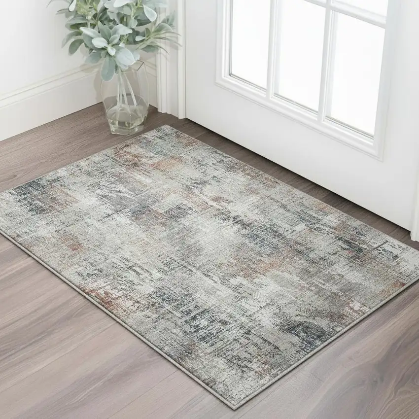 Taupe Copper And Beige Abstract Washable Area Rug With UV Protection Photo 2
