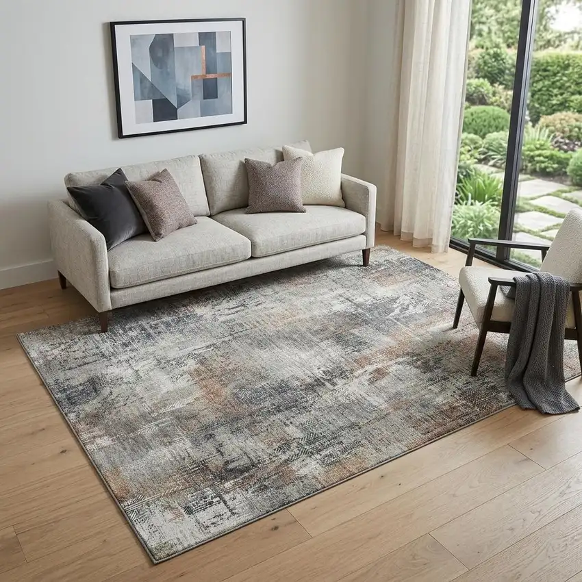 Taupe Copper And Beige Abstract Washable Area Rug With UV Protection Photo 1