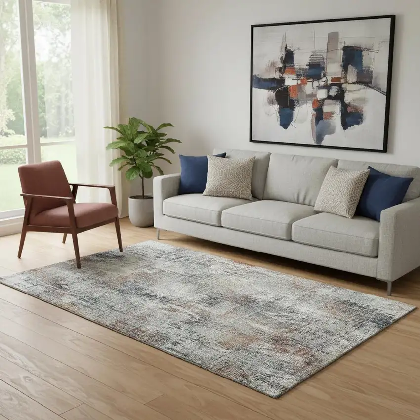 Taupe Copper And Beige Abstract Washable Area Rug With UV Protection Photo 1