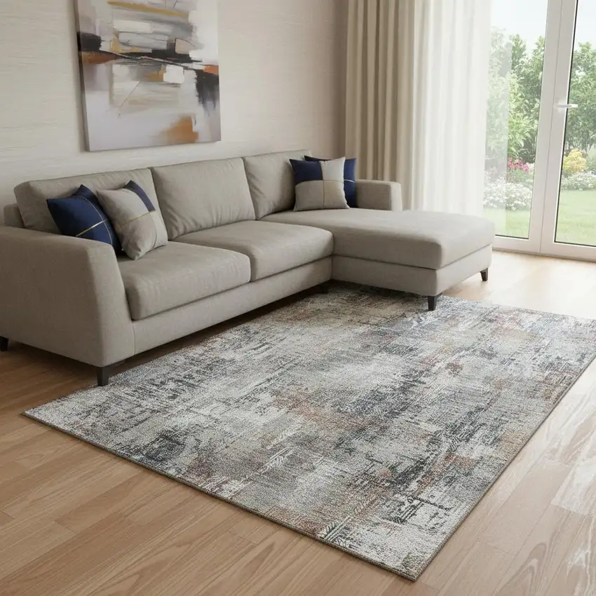 Taupe Copper And Beige Abstract Washable Area Rug With UV Protection Photo 1