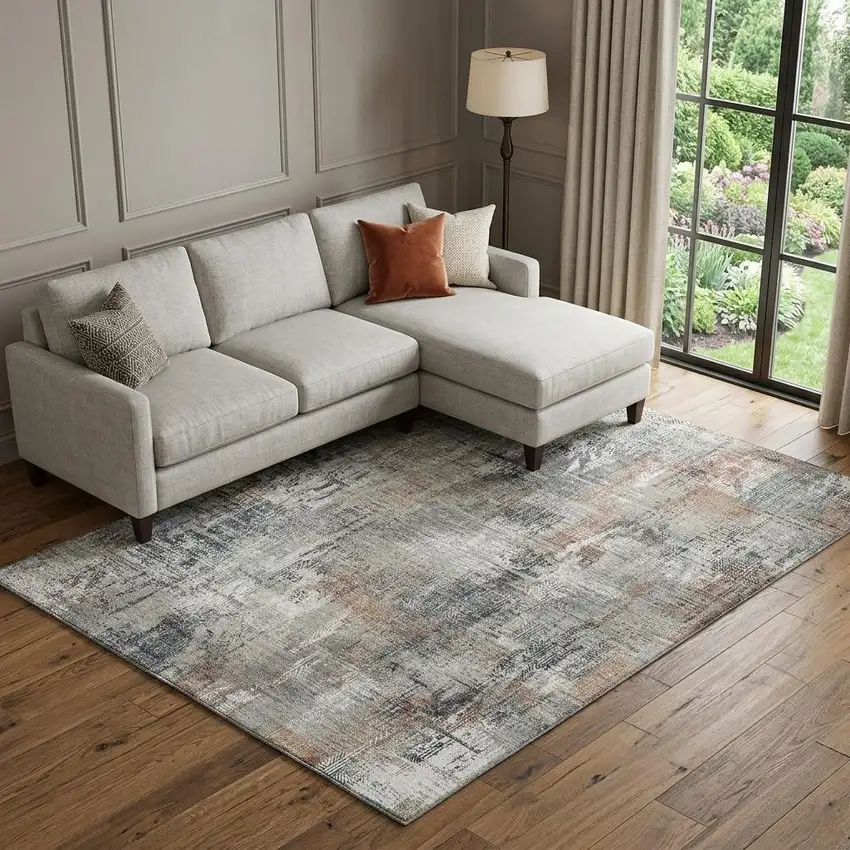 Taupe Copper And Beige Abstract Washable Area Rug With UV Protection Photo 1