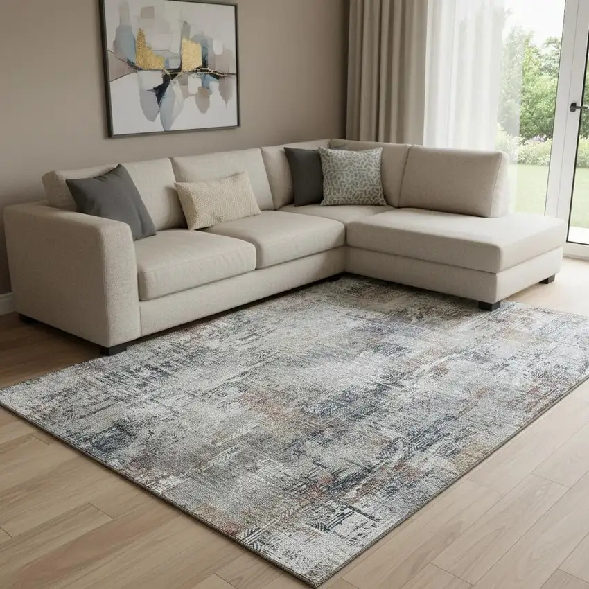 Taupe Copper And Beige Abstract Washable Area Rug With UV Protection Photo 1