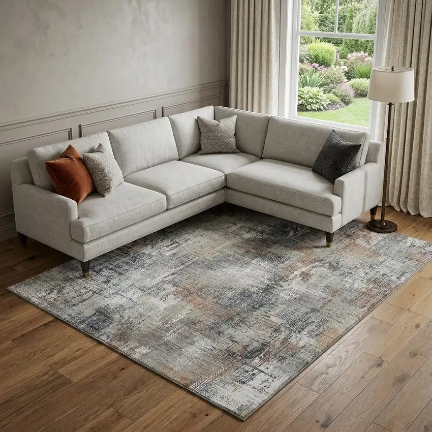 Taupe Copper And Beige Abstract Washable Area Rug With UV Protection Photo 1