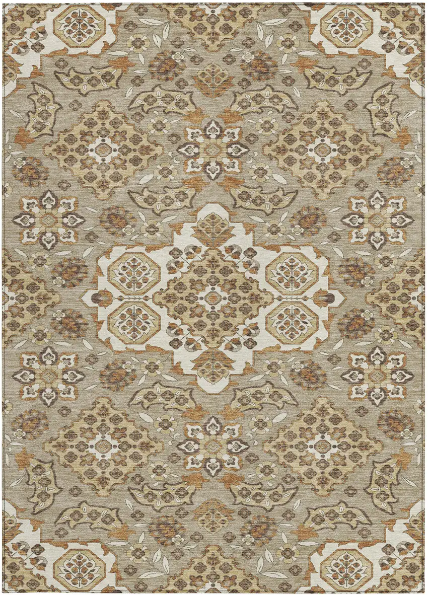 Taupe Copper And Beige Medallion Washable Indoor Outdoor Area Rug Photo 3