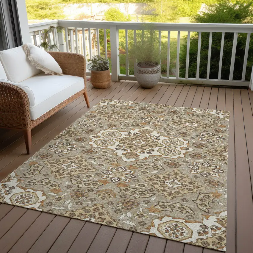 Taupe Copper And Beige Medallion Washable Indoor Outdoor Area Rug Photo 5