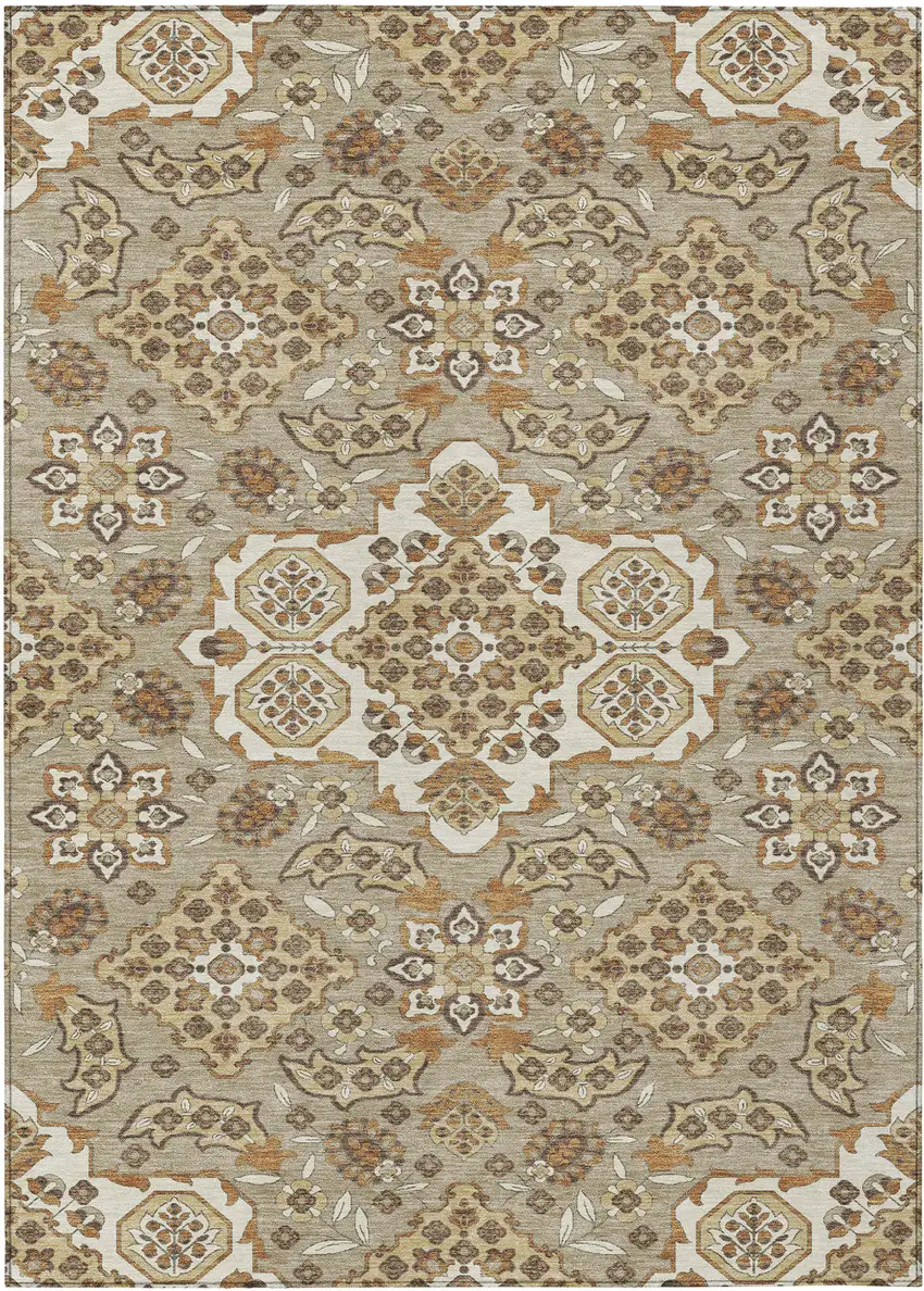 Taupe Copper And Beige Medallion Washable Indoor Outdoor Area Rug Photo 1