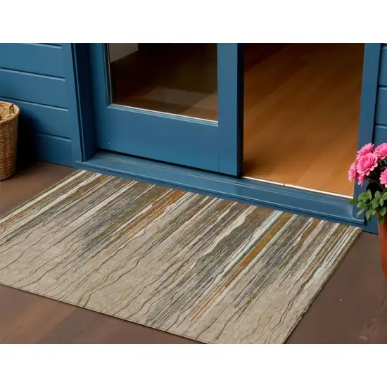 Taupe Copper And Green Striped Washable Indoor Outdoor Area Rug Photo 1