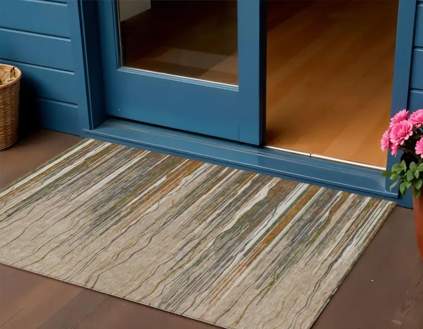Taupe Copper And Green Striped Washable Indoor Outdoor Area Rug Photo 1