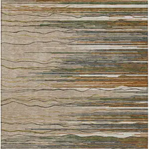 Photo of Taupe Copper And Green Striped Washable Indoor Outdoor Area Rug