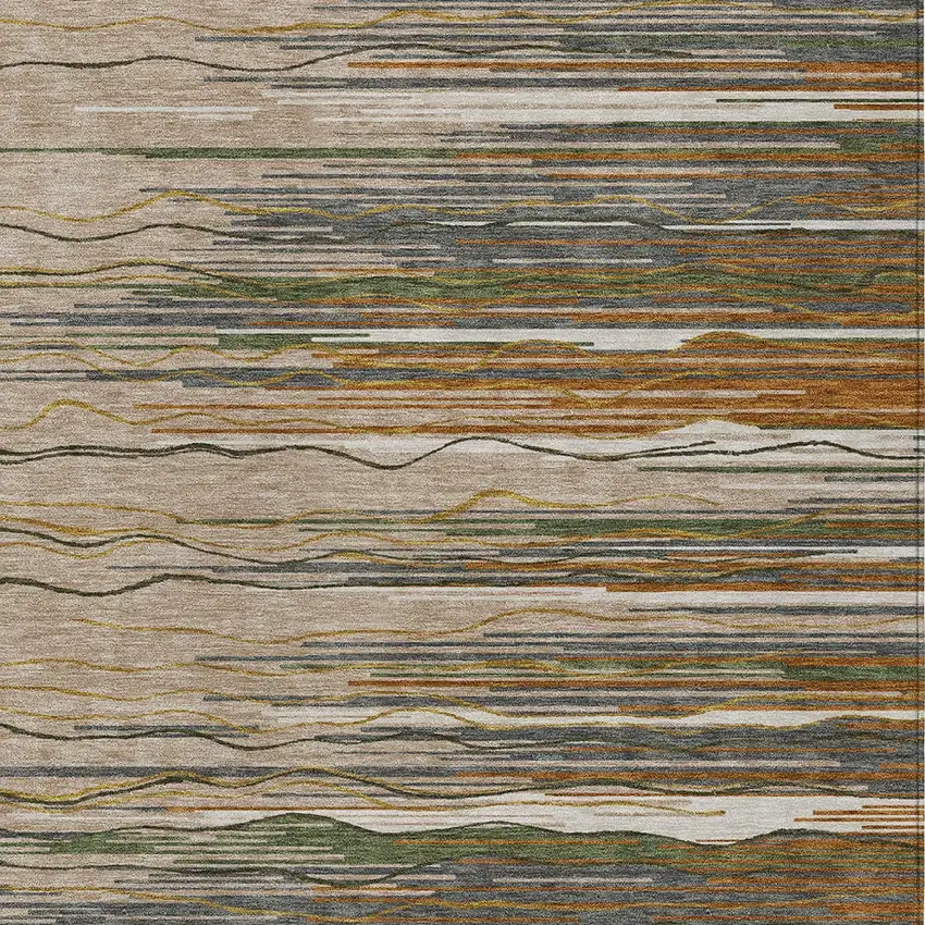 Taupe Copper And Green Striped Washable Indoor Outdoor Area Rug Photo 6