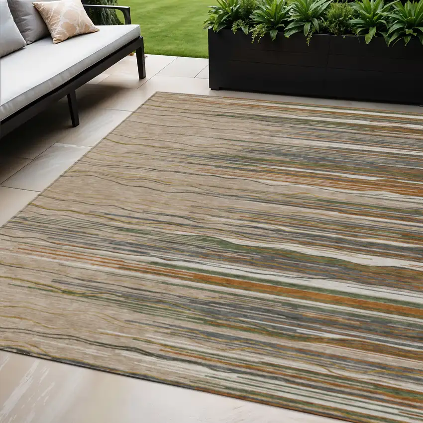 Taupe Copper And Green Striped Washable Indoor Outdoor Area Rug Photo 1