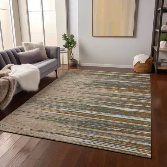 Taupe Copper And Green Striped Washable Indoor Outdoor Area Rug Photo 7