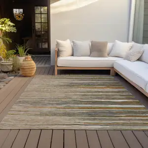 Photo of Taupe Copper And Green Striped Washable Indoor Outdoor Area Rug