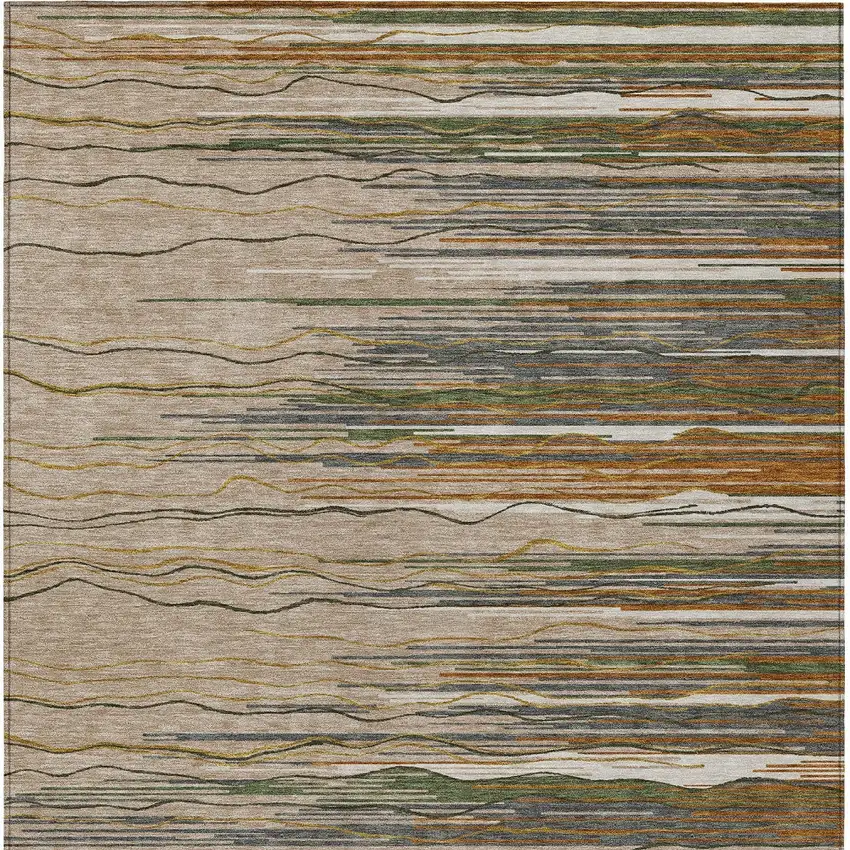 Taupe Copper And Green Striped Washable Indoor Outdoor Area Rug Photo 5
