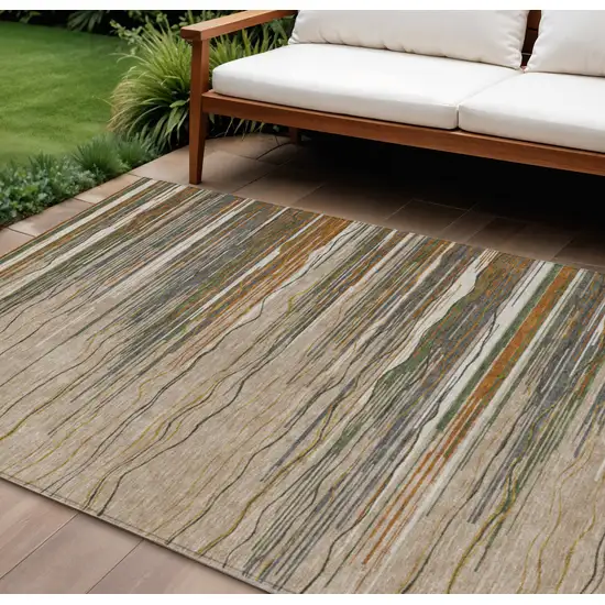 Taupe Copper And Green Striped Washable Indoor Outdoor Area Rug Photo 1