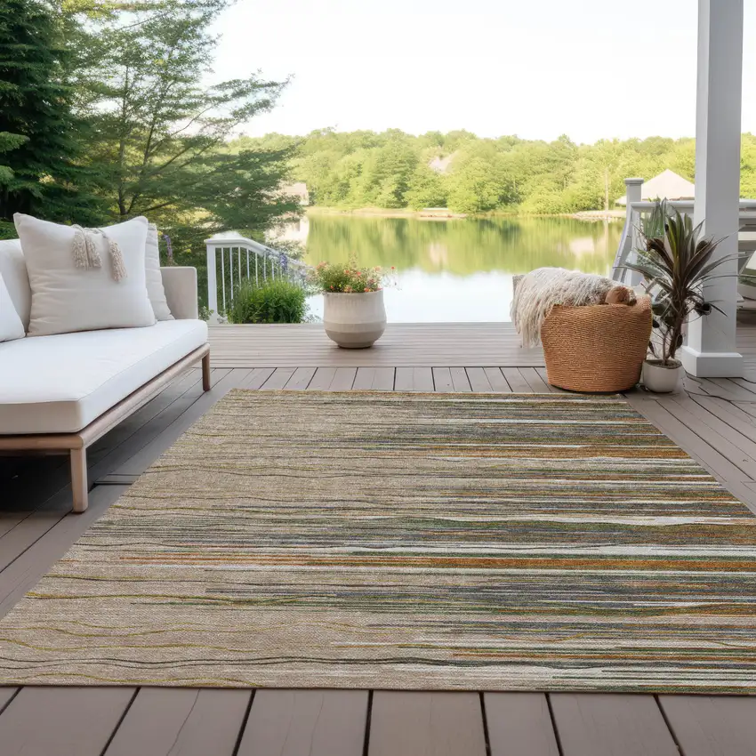 Taupe Copper And Green Striped Washable Indoor Outdoor Area Rug Photo 9