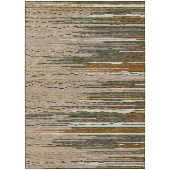 Taupe Copper And Green Striped Washable Indoor Outdoor Area Rug Photo 1