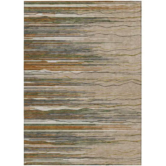 Taupe Copper And Green Striped Washable Indoor Outdoor Area Rug Photo 7