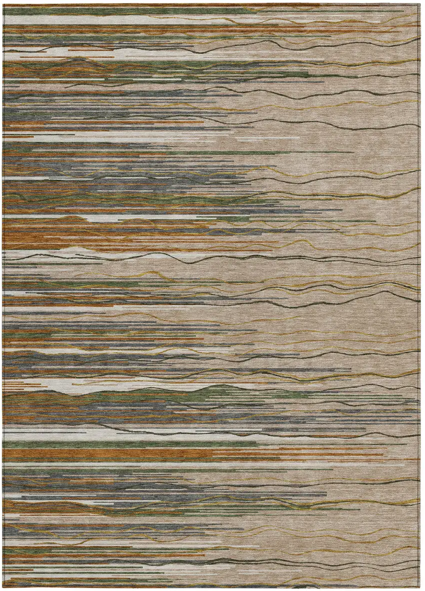 Taupe Copper And Green Striped Washable Indoor Outdoor Area Rug Photo 7
