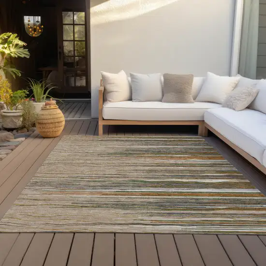 Taupe Copper And Green Striped Washable Indoor Outdoor Area Rug Photo 8