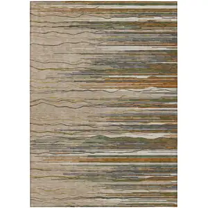 Photo of Taupe Copper And Green Striped Washable Indoor Outdoor Area Rug