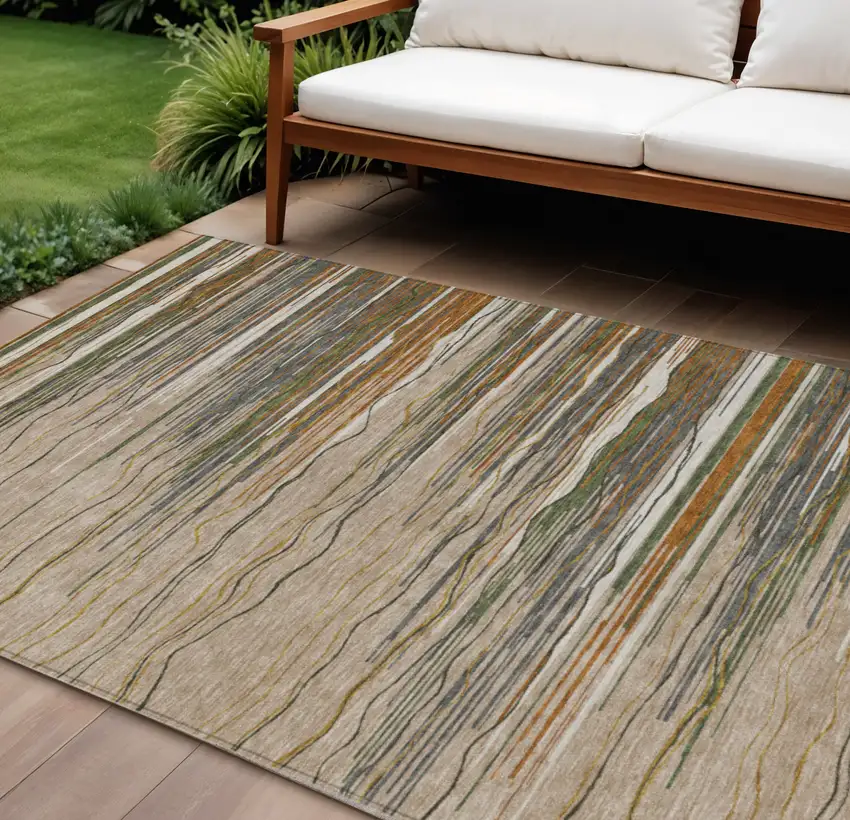 Taupe Copper And Green Striped Washable Indoor Outdoor Area Rug Photo 1