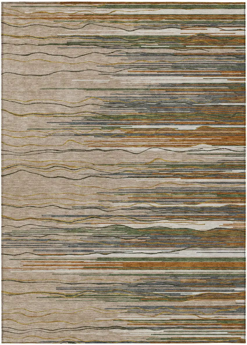 Taupe Copper And Green Striped Washable Indoor Outdoor Area Rug Photo 2