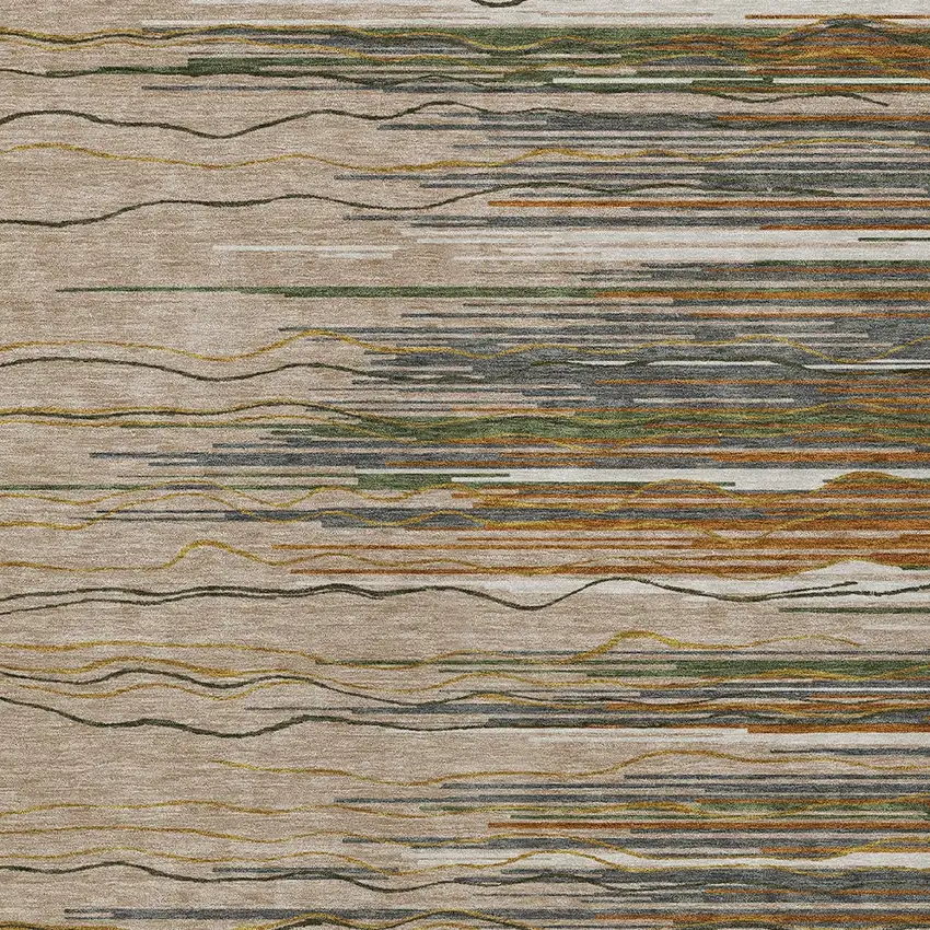 Taupe Copper And Green Striped Washable Indoor Outdoor Area Rug Photo 6