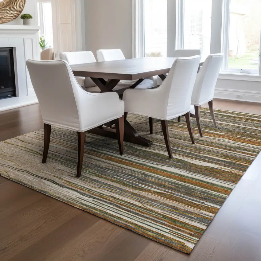 Taupe Copper And Green Striped Washable Indoor Outdoor Area Rug Photo 9