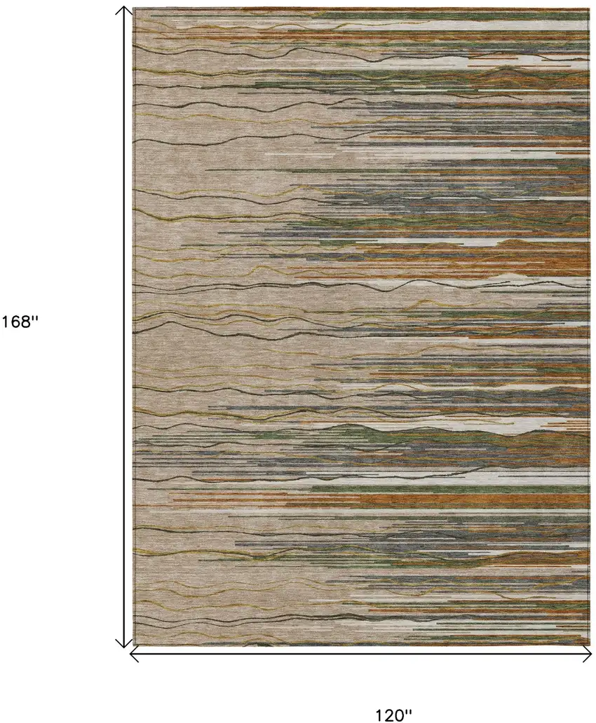 Taupe Copper And Green Striped Washable Indoor Outdoor Area Rug Photo 3