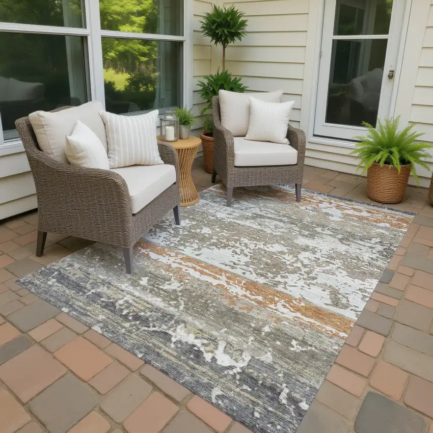 Taupe Copper And Ivory Striped Washable Indoor Outdoor Area Rug Photo 5
