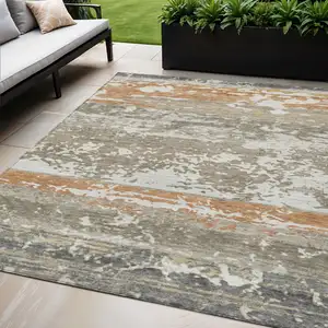 Photo of Taupe Copper And Ivory Striped Washable Indoor Outdoor Area Rug